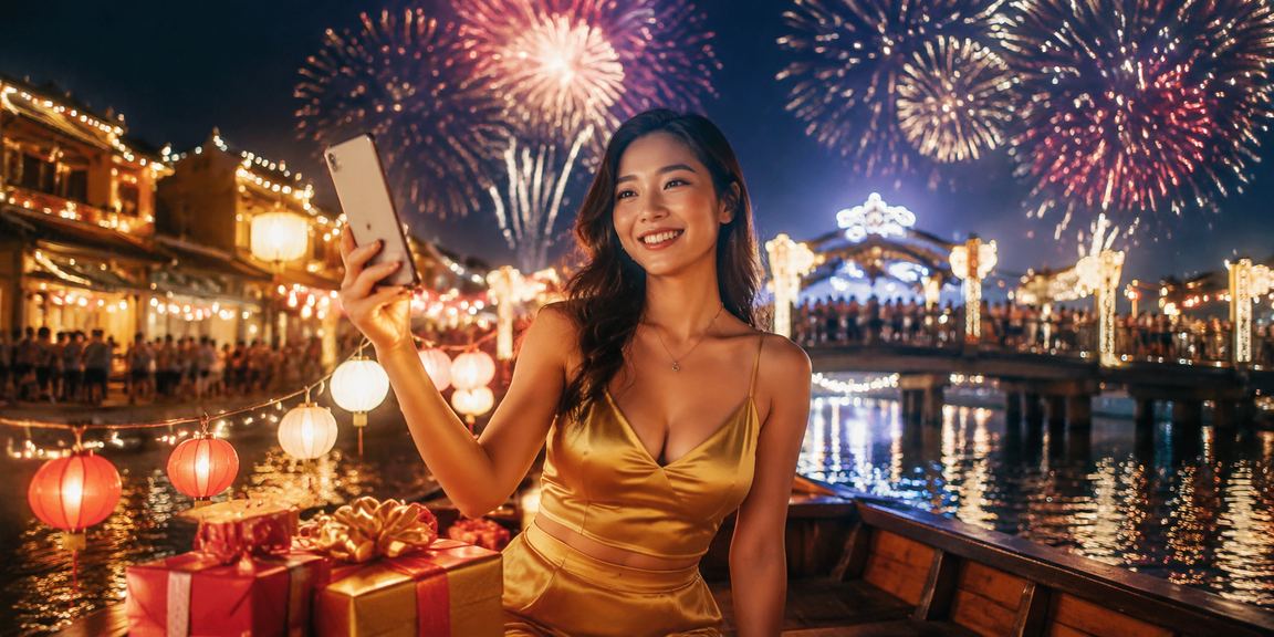 Người chơi trải nghiệm casino trực tuyến trên điện thoại tại phố đêm Hội An