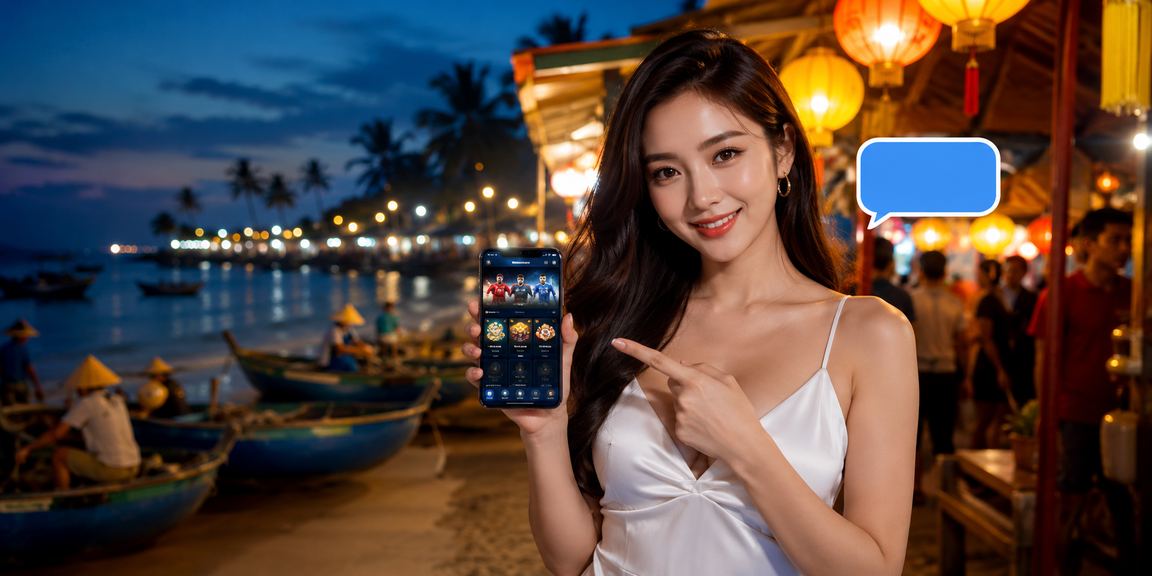 Người dùng đặt cược casino trên điện thoại tại chợ đêm Mũi Né về khuya